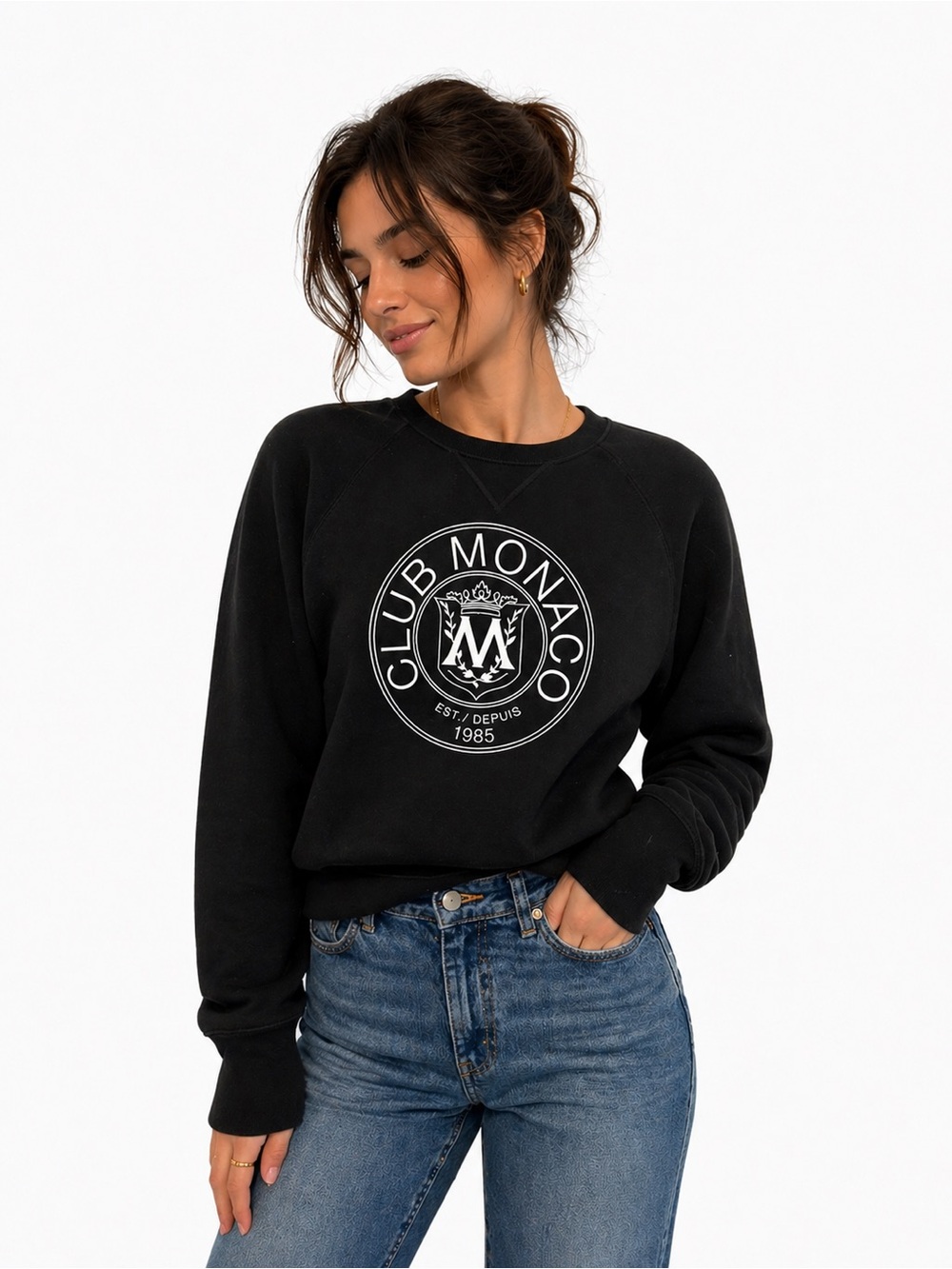 Club Monaco Black heritage Sweatshirt with White Crest 1985 Logo, Size S
